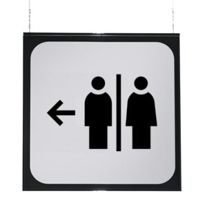 Póstel o cartel de señalética impreso sobre dibond indicando los baños.