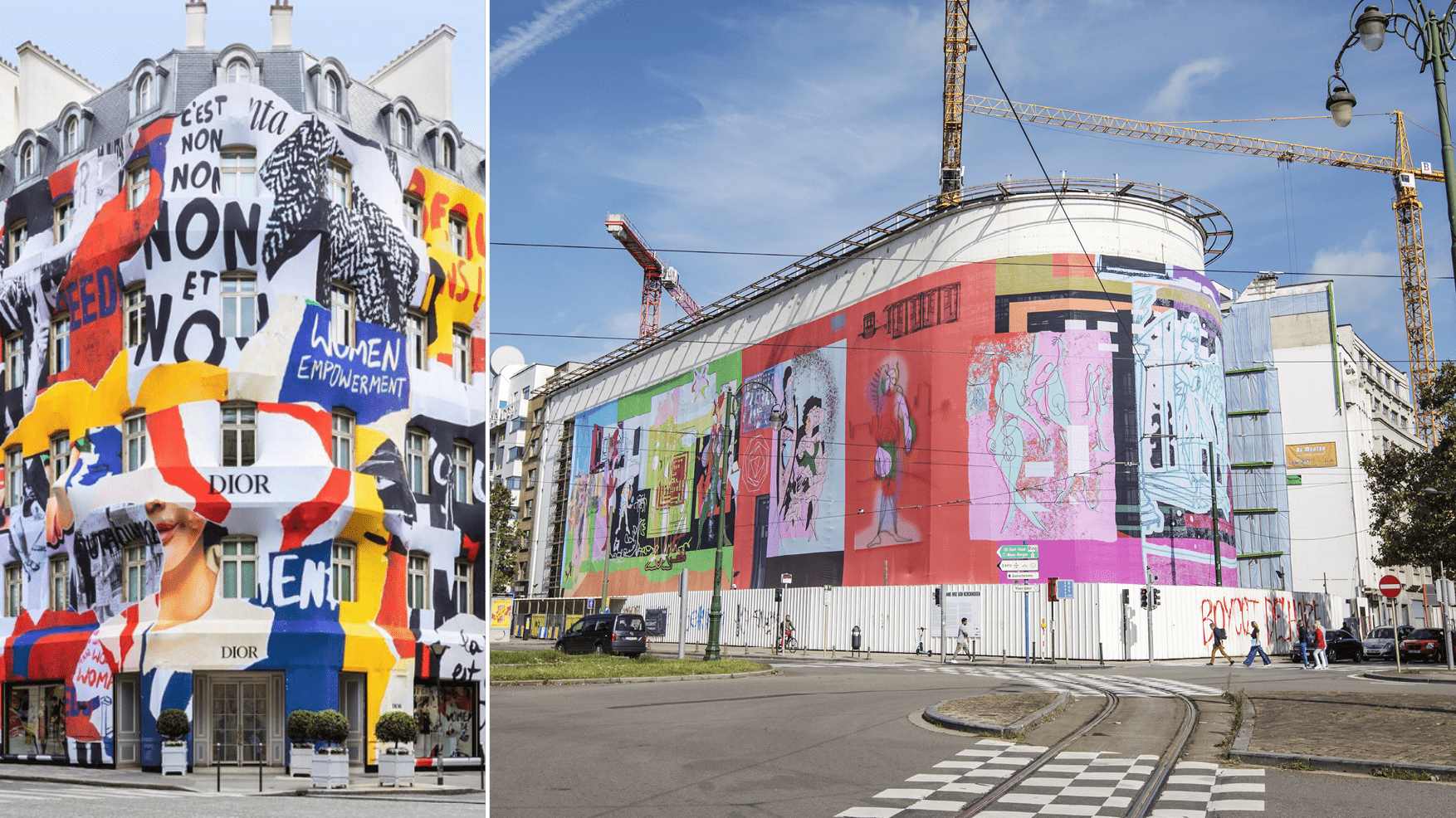Campaña de gigantografía con el uso de lonas de colores llamativos sobre diferentes fachadas